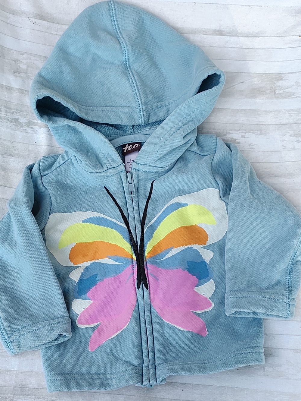 Tea Collection Sky Blue Butterfly Zip Hoodie with Multicolor Wings, Size 3-6mo